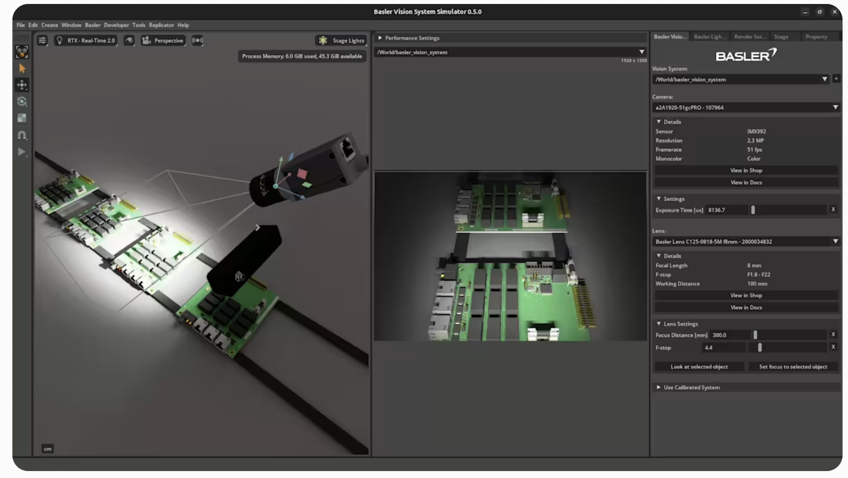 Basler Vision Simulation interface showing a virtual camera and lighting setup inspecting circuit boards alongside the simulated camera image