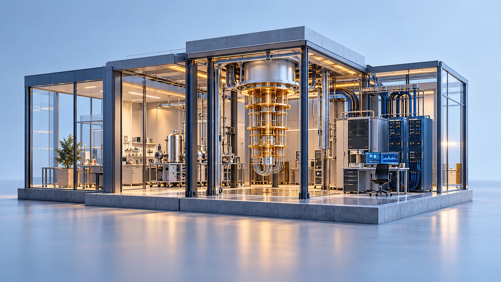 Illustrazione concettuale di un laboratorio quantistico con un apparato criogenico ed elettronica di controllo.