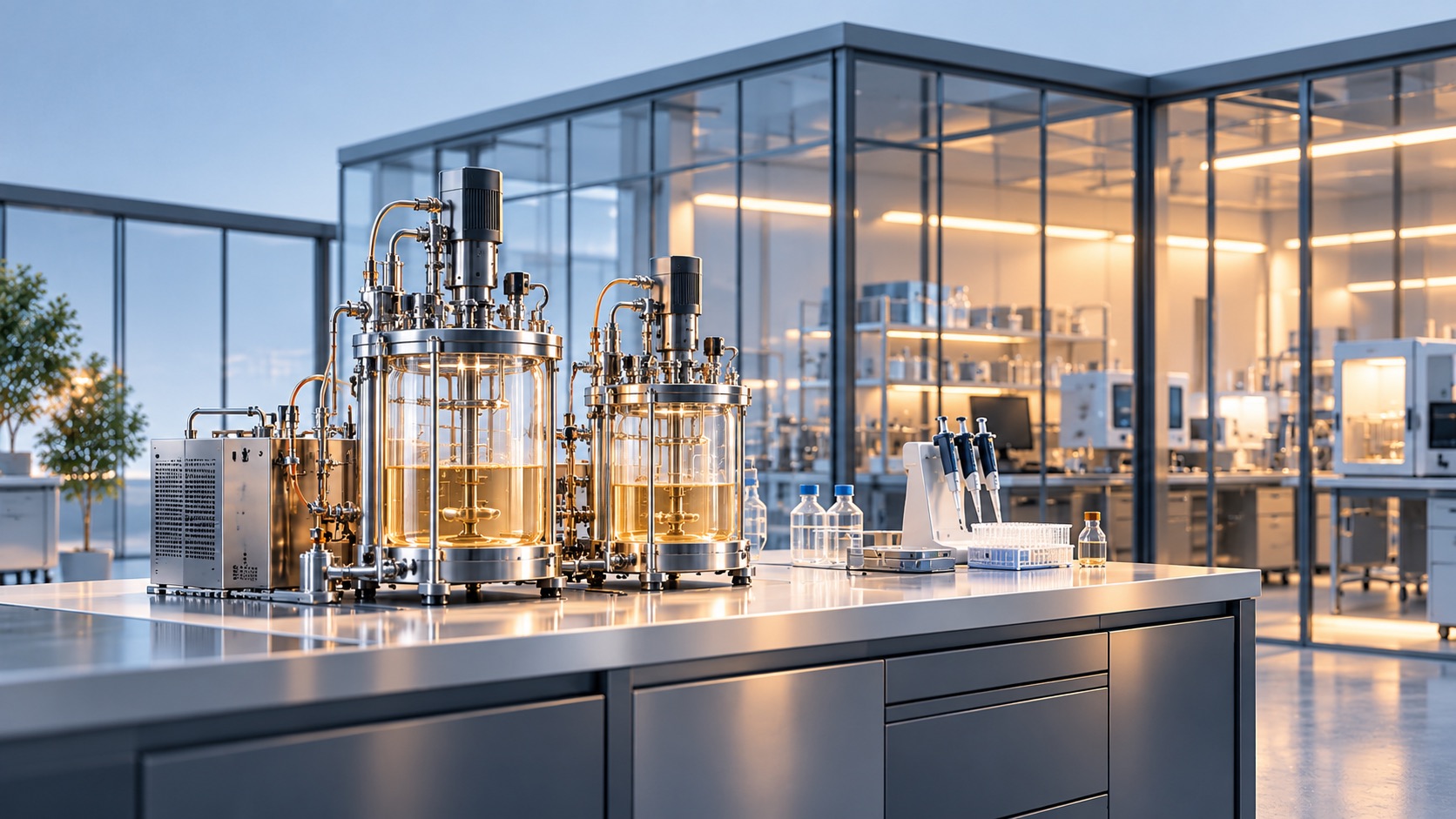 Illustrazione di bioreattori in vetro in un laboratorio di biotecnologia
