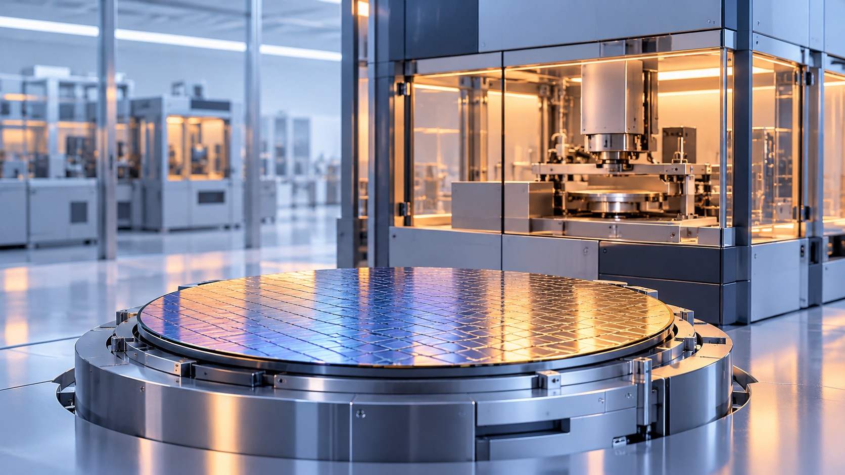 Illustrazione di un wafer di silicio e di macchinari per produrre chip